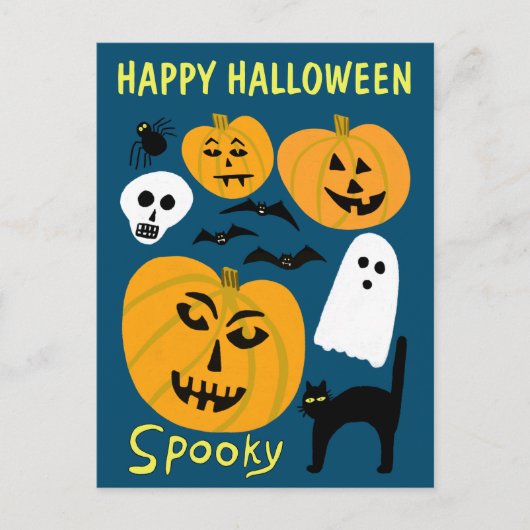 Charming Funny Pumpkins Ghost Bat HAPPY HALLOWEEN Postkarte (Vorderseite)