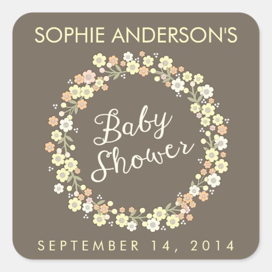 Charming Garden Blumenkranz Neutral Baby Dusche Quadratischer Aufkleber (Vorderseite)