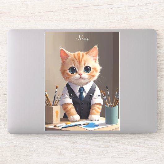 Charming Ginger Cat Artist mit Pinsel Niedlich Aufkleber (Computer)