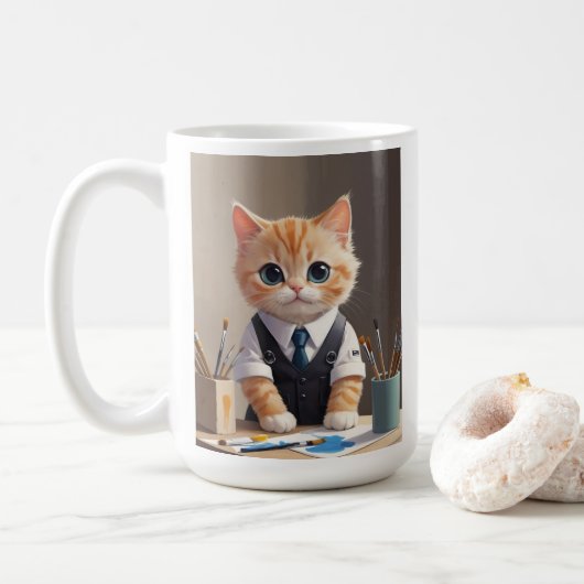 Charming Ginger Cat Artist mit Pinsel Niedlich Kaffeetasse (Mit Donut)