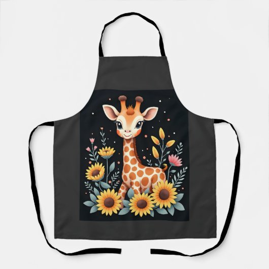 Charming Giraffe Surrounded By Flowers Long Sleeve Schürze (Vorderseite)