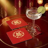 Charming Glitter Floral Chinese Double Happiness Rechteckiger Pappuntersetzer