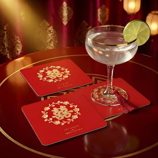 Charming Glitter Floral Chinese Double Happiness Rechteckiger Pappuntersetzer