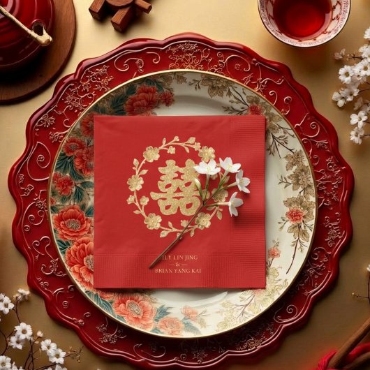 Charming Glitter Floral Chinese Double Happiness Serviette