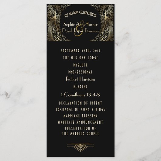 Charming Gold Art Deco Friedensprogramm Hochzeiten Menükarte (Vorderseite)