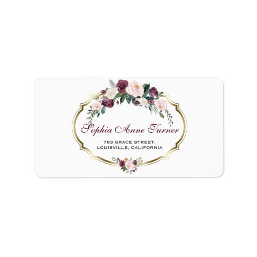 Charming Gold Burgundy Blush Floral Wedding Adressaufkleber (Vorne)