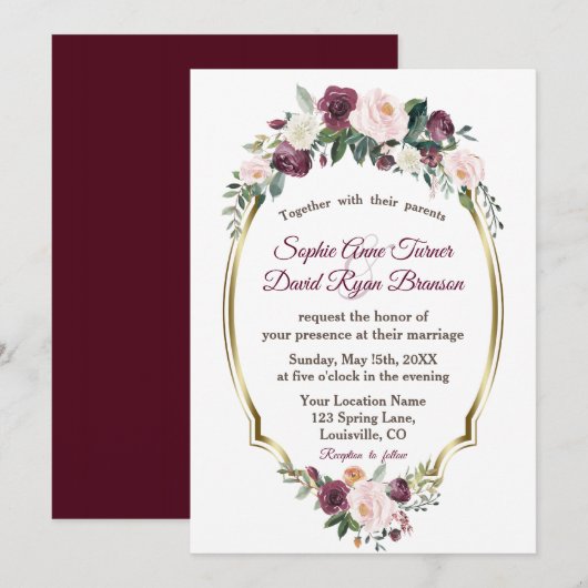 Charming Gold Burgundy Blush Floral Wedding Einladung (Vorne/Hinten)
