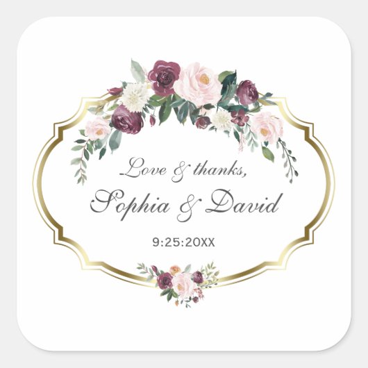 Charming Gold Burgundy Blush Floral Wedding Quadratischer Aufkleber (Vorderseite)