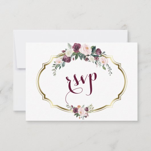 Charming Gold Burgundy Blush Floral Wedding RSVP (Vorderseite)