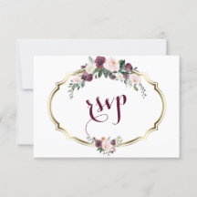 Charming Gold Burgundy Blush Floral Wedding RSVP