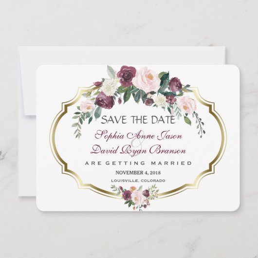 Charming Gold Burgundy Blush Floral Wedding Save The Date (Vorderseite)