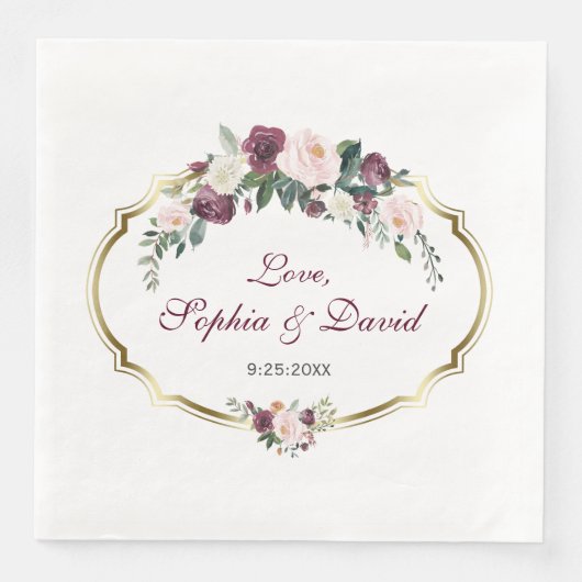 Charming Gold Burgundy Blush Floral Wedding Serviette (Vorderseite)