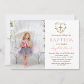 Charming Gold Cross Floral Girl Foto Taufe Einladung (Vorderseite)