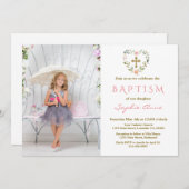 Charming Gold Cross Floral Girl Foto Taufe Einladung (Vorne/Hinten)