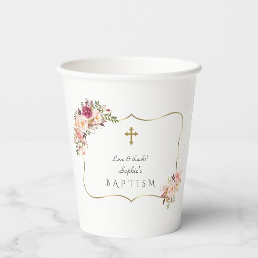 Charming Gold Frame Blush Pink Bläsertaufen Pappbecher (Rückseite)