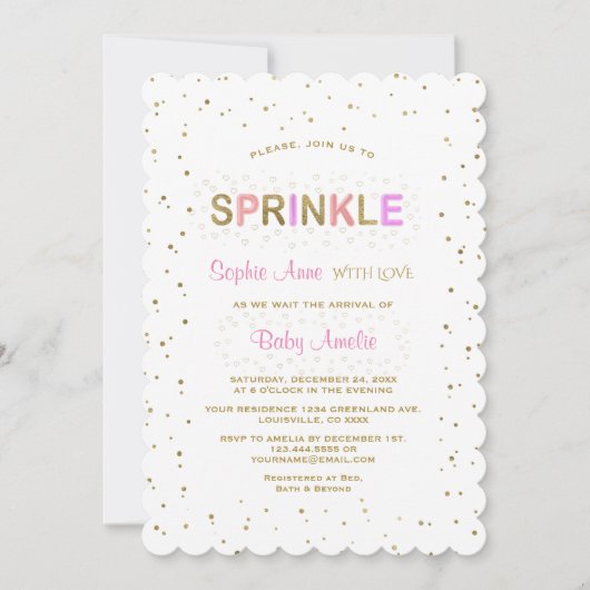 Charming Gold Glitzer SPRINKLE Girl Babydusche Einladung (Vorderseite)