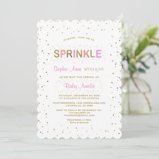 Charming Gold Glitzer SPRINKLE Girl Babydusche Einladung (Stehend Vorderseite)