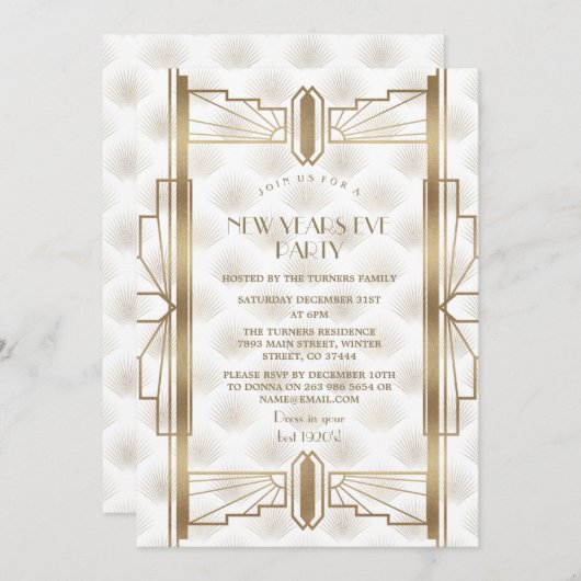 Charming Gold Great Gatsby Art Deco New Year Party Einladung (Vorne/Hinten)