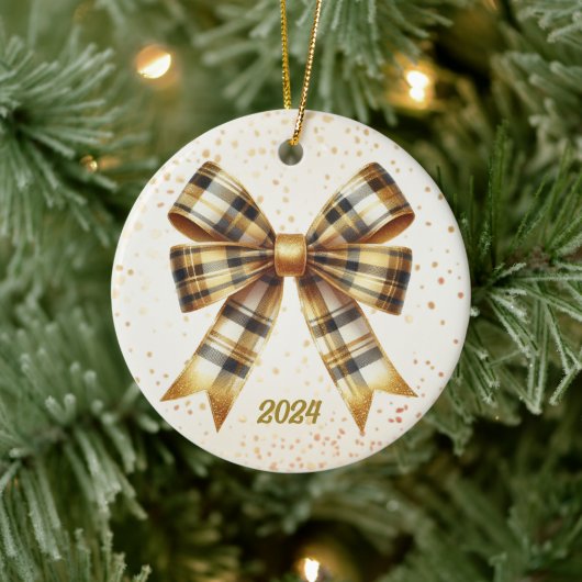 Charming Gold Kariert Bow Year Akzent Keramik Ornament (Baum)