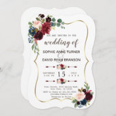 Charming Gold Merlot Navy Blue Floral Wedding Einladung (Vorne/Hinten)