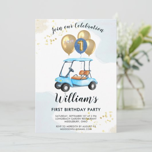 Charming Golf Cart First Birthday Boy Einladung (Stehend Vorderseite)