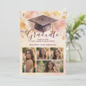 Charming Graduation Cap 5-Photo Collage Floral Einladung (Stehend Vorderseite)