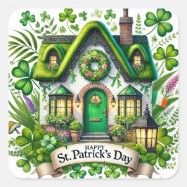 Charming Green Hütte St Patricks Illustration Quadratischer Aufkleber
