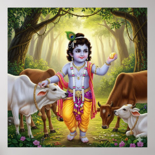 Charming Green Pastoral Bala Krishna mit Calves Poster