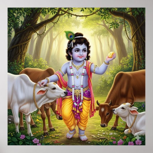 Charming Green Pastoral Bala Krishna mit Calves Poster (Vorne)