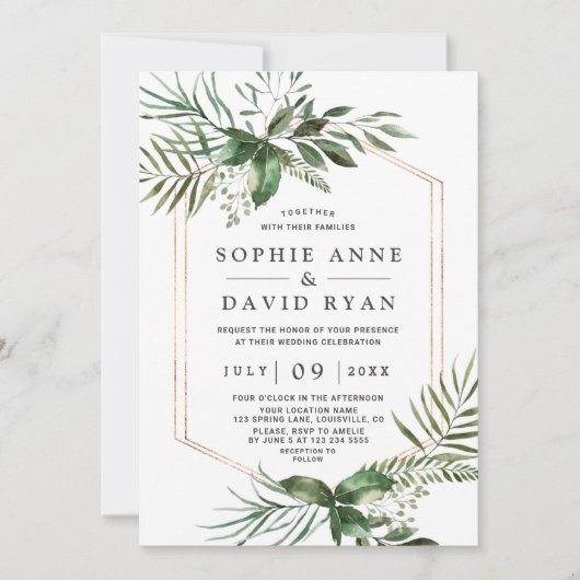 Charming Greenery Gold Geometric Frame Wedding Einladung (Vorderseite)