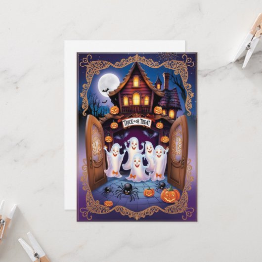 Charming Halloween Cat and Pumpkin House Karte (Vorderseite/Rückseite Beispiel)