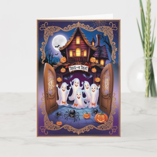 Charming Halloween Cat and Pumpkin House Karte (Vorderseite)