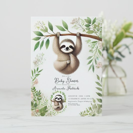 Charming Hanging Sloth Baby Dusche Einladung (Stehend Vorderseite)