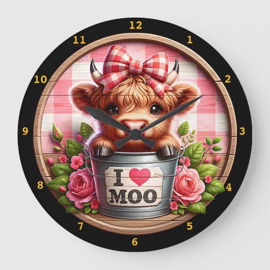 Charming Highland Cow Große Wanduhr (Vorderseite)