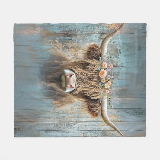 Charming Highland Cow Long Horns Shaggi Fur Fleecedecke (Vorderseite (Horizontal))