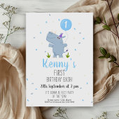 Charming Hippo Blue Balloon 1. Geburtstag Einladung