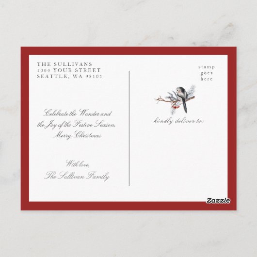 Charming Holiday Christmas JOY Wreath Winter Bird Postkarte (Rückseite)