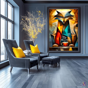 Charming Katze – Kubistischer Philosoph mit Kaffee Poster