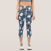 Charming Kawaii Weihnachtsschneemänner in Navy Blu Capri Leggings (Vorderseite)