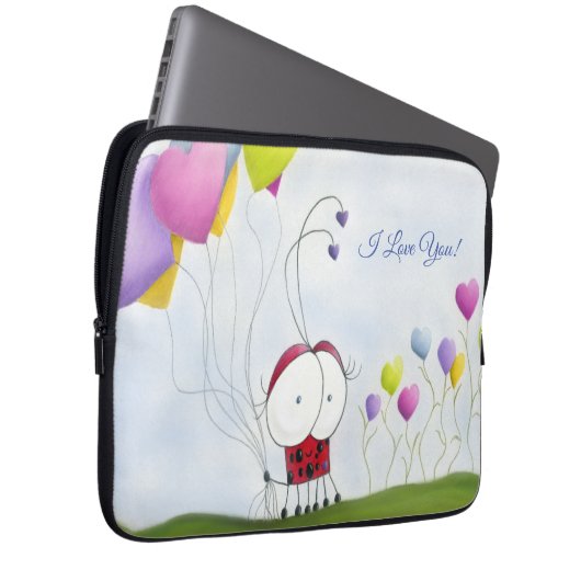 Charming Ladybug mit farbenfrohen Herzballons Laptopschutzhülle (Vorne Rechts)