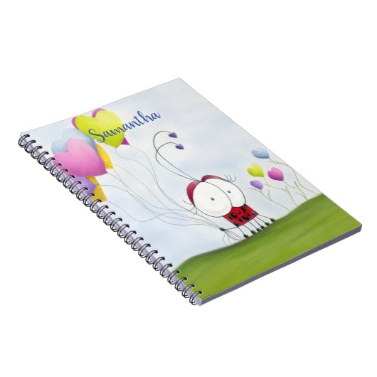 Charming Ladybug mit farbenfrohen Herzballons Notizblock (Rechte Seite)