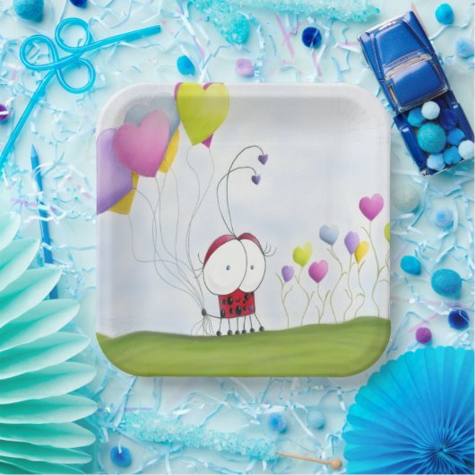 Charming Ladybug mit farbenfrohen Herzballons Pappteller (Party)