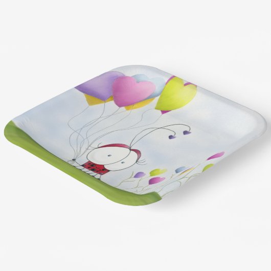 Charming Ladybug mit farbenfrohen Herzballons Pappteller (Gewinkelt)