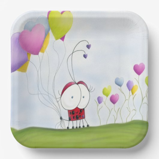 Charming Ladybug mit farbenfrohen Herzballons Pappteller (Vorderseite)