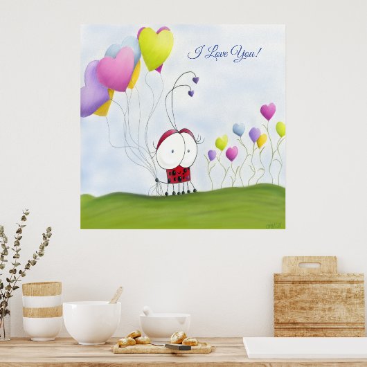 Charming Ladybug mit farbenfrohen Herzballons Poster (Küche)