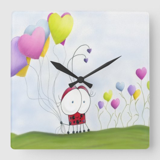 Charming Ladybug mit farbenfrohen Herzballons Quadratische Wanduhr (Vorderseite)