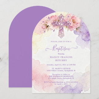 Charming Lavender Glitter Floral Cross Baptism Einladung