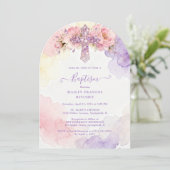 Charming Lavender Glitter Floral Cross Baptism Einladung (Stehend Vorderseite)