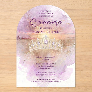 Charming Lilac & Gold Tiara Watercolor Quinceañera Acryleinladungen