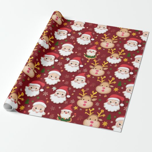 Charming Mini Santa und Rentier Weihnachtsmuster Geschenkpapier (Ungerollt)